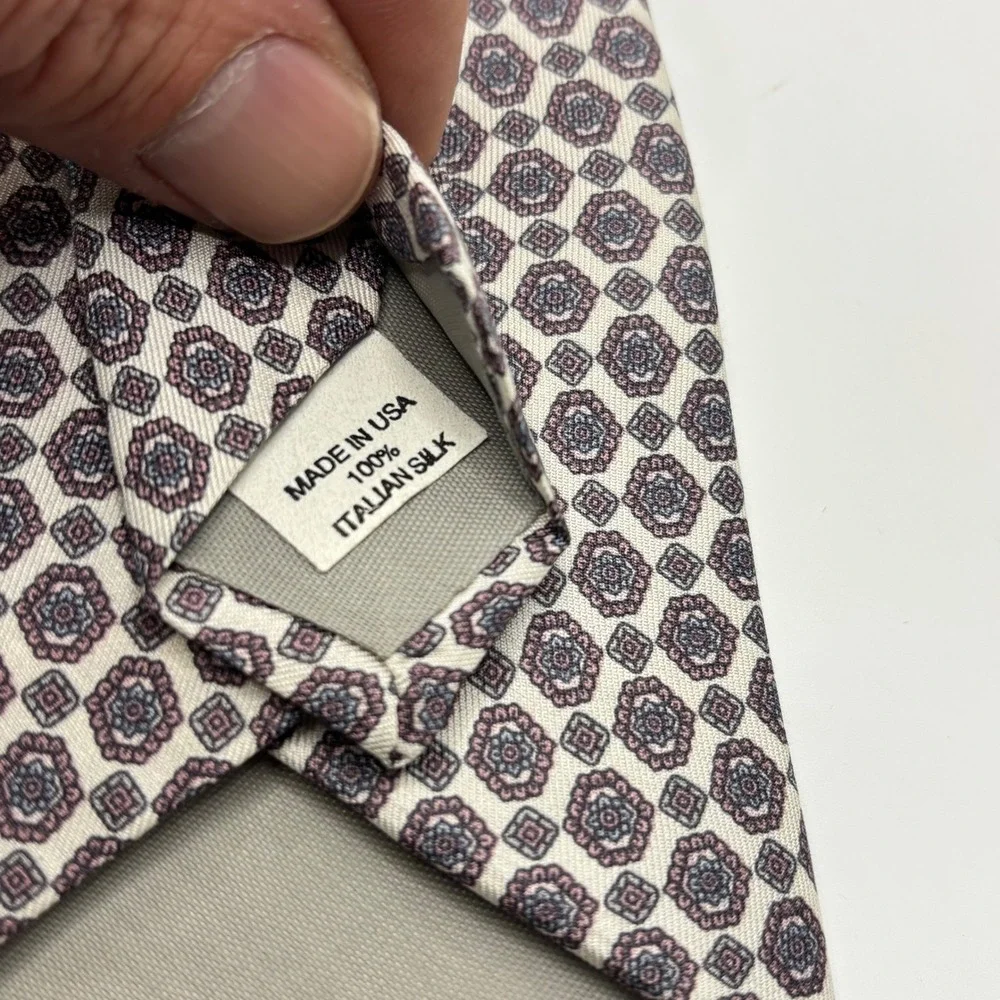 Halston Mens Silk Tie‎ Lot 2 Teal Green Cream Geometric Medallion Italian Silk